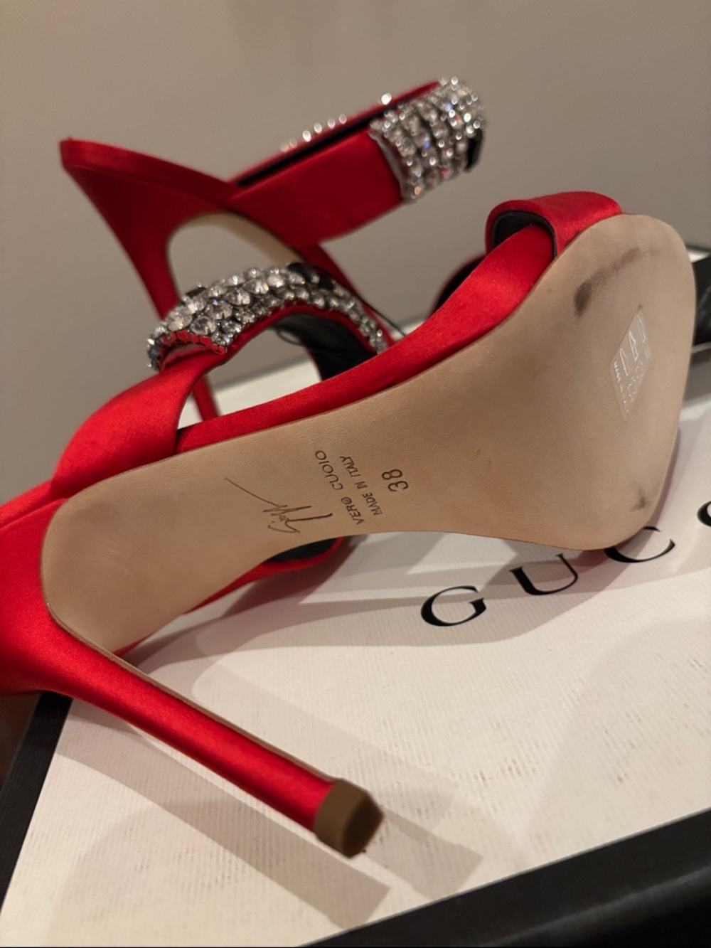 Giuseppe Zanotti Flame Red Satin high heel sandal mule with crystals sz.8 - Picture 11 of 17